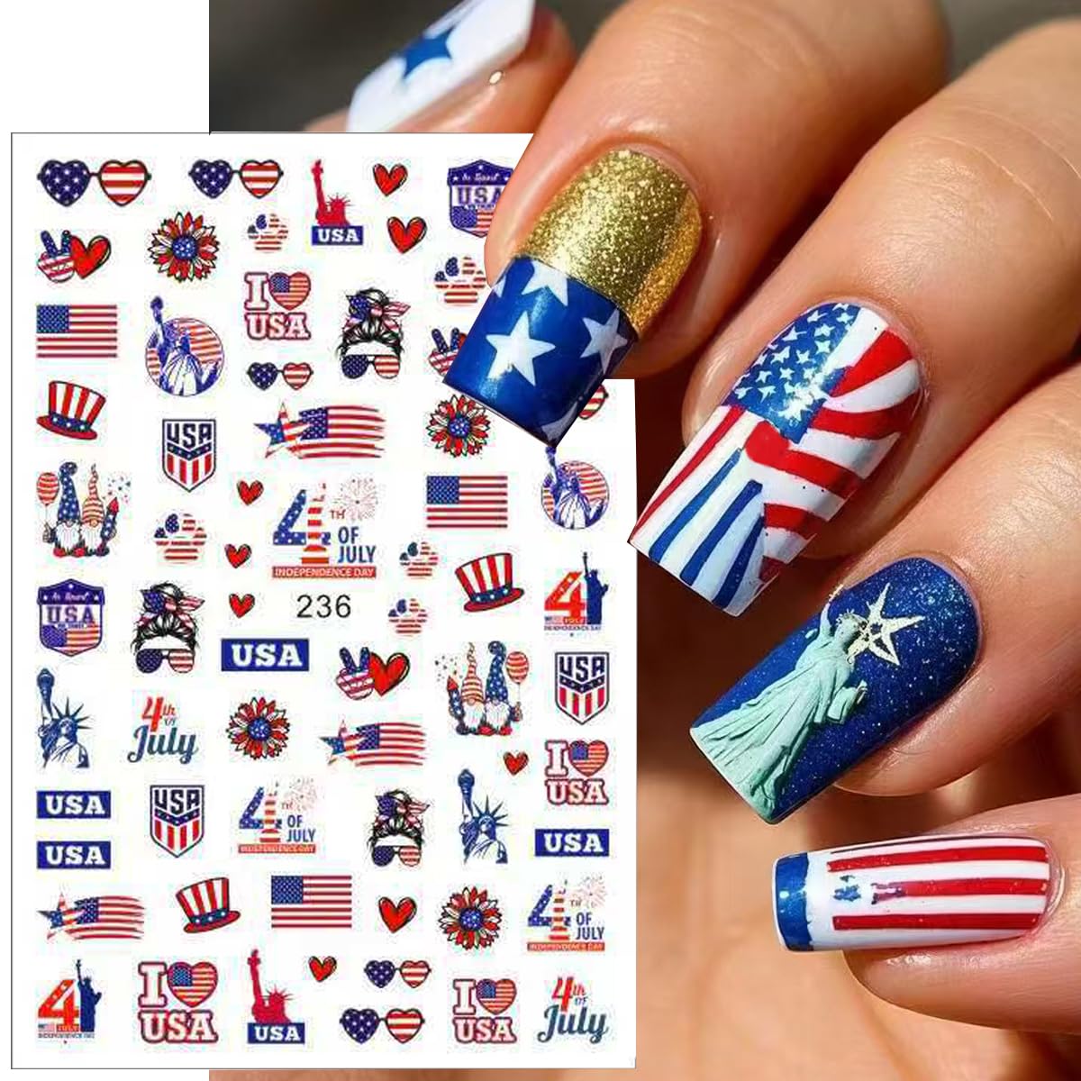 6Pcs/Celebrate 4th of July Nail Stickers for Nail Art Set - Independence Day Fireworks USA America UK Flags Adhesive Nail Art Sticker Decals DIY Patriotic Manicure Sliders Decorations Supplies