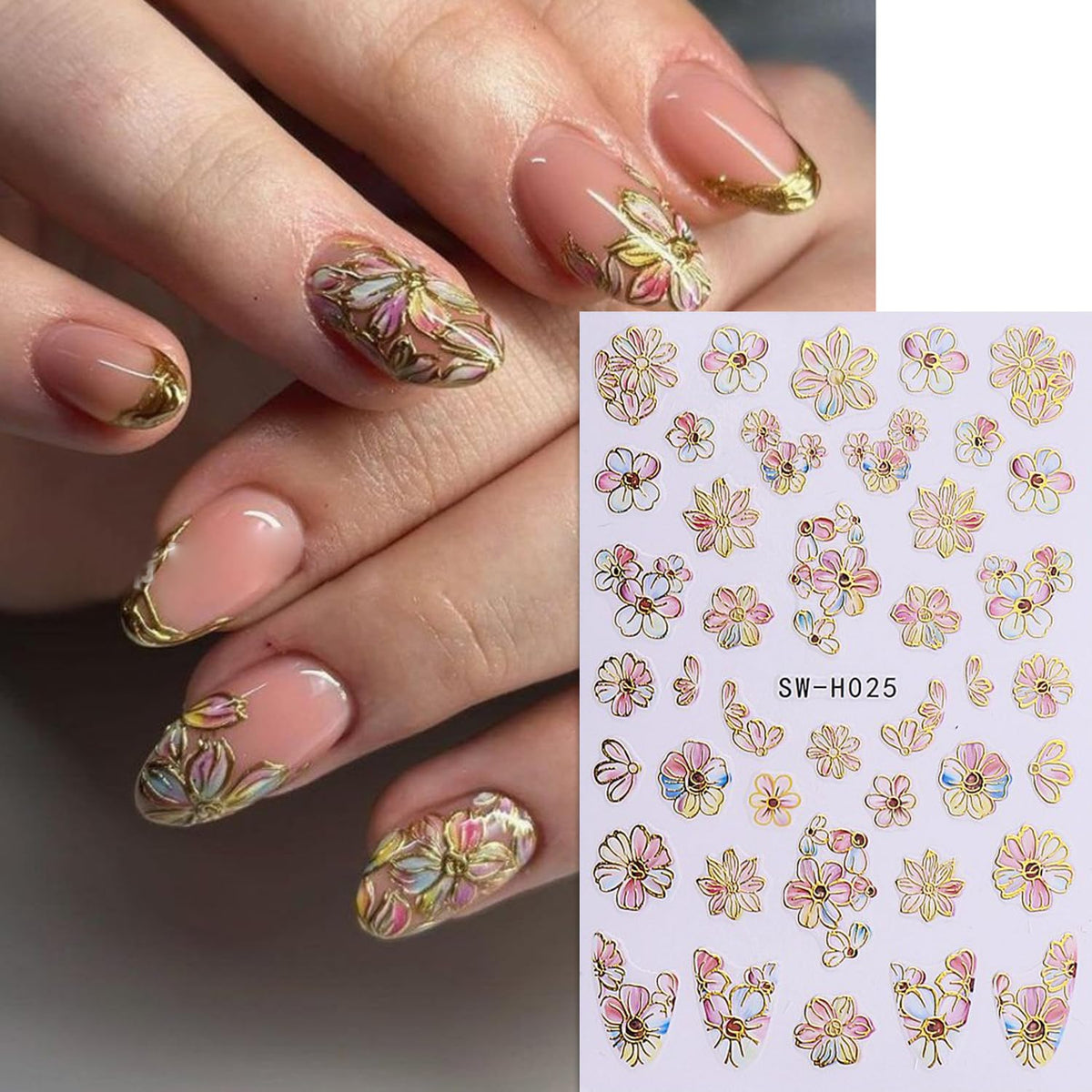 Spring Nail Art Stickers,Summer Flower Butterfly Nail Sticker Golden Edge Flower Petals Cherry Blossom Design, 3D Adhesive Sliders Manicure Decals Accessories for Women DIY Art Decorations