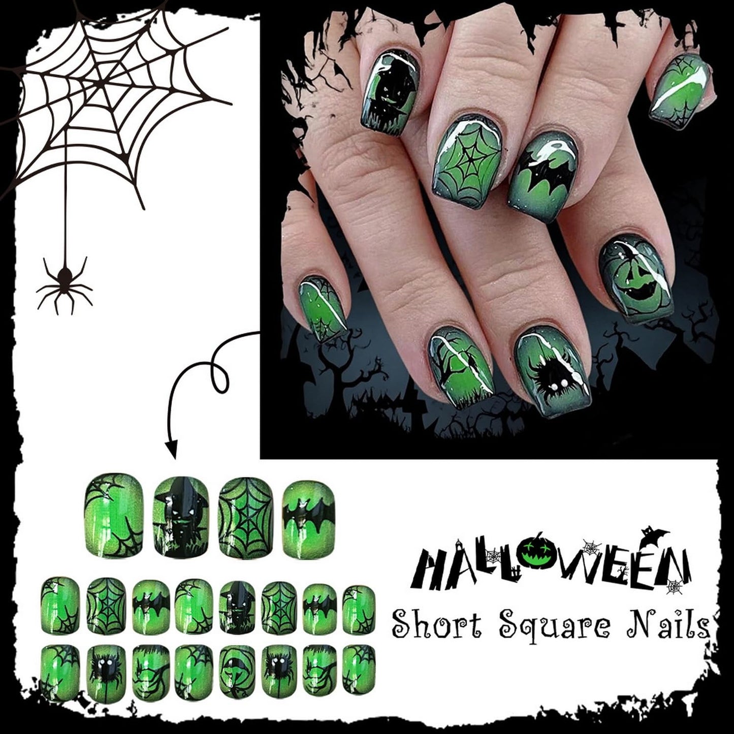 24pcs Halloween Short Press on Nails Horror Fake Nails Ghost Pumpkins Spider Web designs Square Stick on Nails Glossy Full Cover Green Black False Nails for Women Finger Spooky Nail Supplies