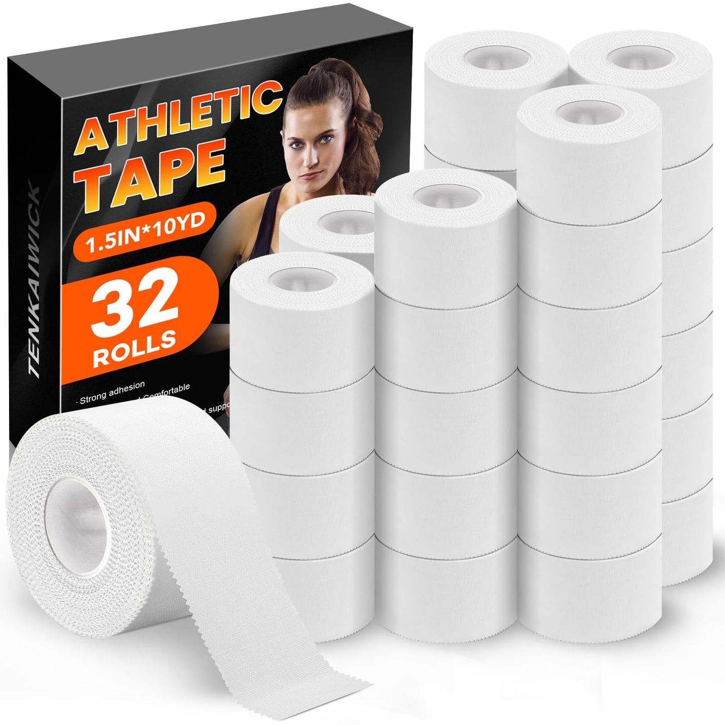 32 Pack Athletic Tape, White Sports Tape for Wrist Ankle Protection, Sports Tape Athletic No Sticky Residue, Easy to Tear Gymnastics Tape for Soccer, Football, Training Supplies (1.5" x 320 Yards)"