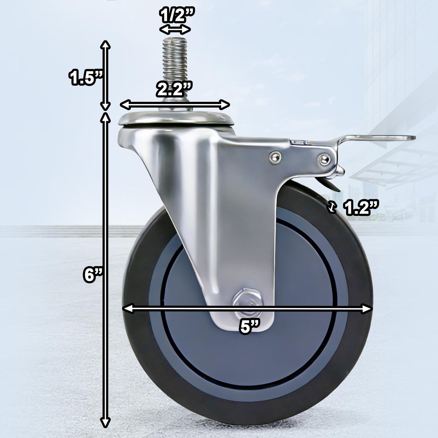 AAGUT 5 Inch Locking Swivel Casters 1/2"-13 x 1.5 Threaded Stem Wheels with Brake Grey TPR Rubber Wheel Set of 4"