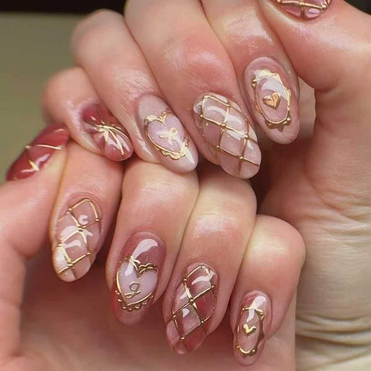 octoswave Press on Nails Medium Almond Fake Nails 3D Artificial Nail Glossy Gold Charm Stick on Nail for Women 30pcs