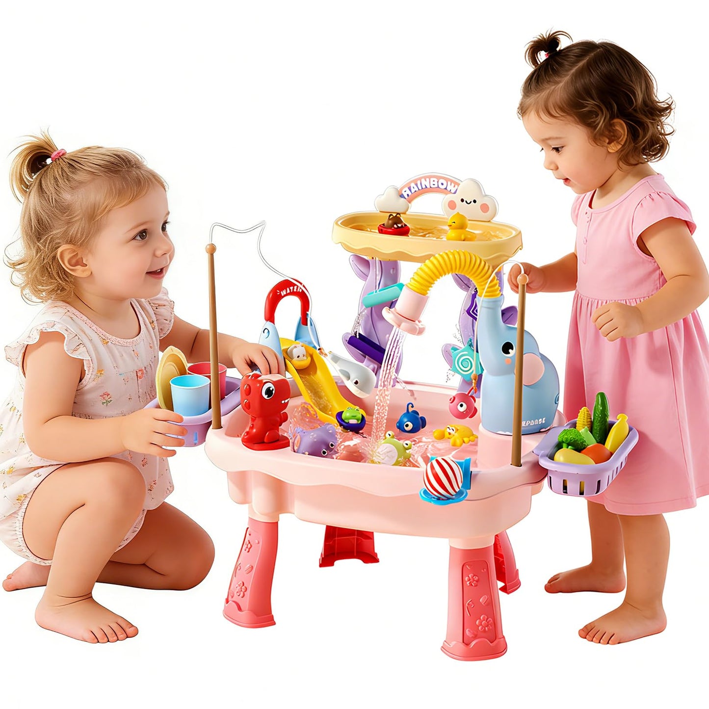 NOPROB 2027 Upgraded Toddlers 1-3 Water Table with Electric Pump, Kids Water Table with Faucet Play Food Accessories Fishing Toy, Kitchen Play Sink Toys for Girl Boy Age 4-8 (Pink)
