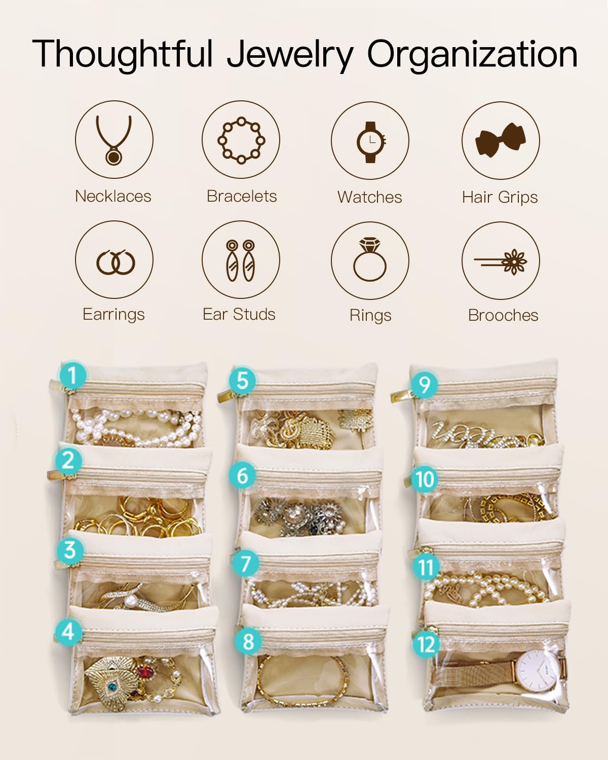 VLANDO Travel Jewelry Case,Jewelry Box with 12 Velvet Jewelry Pouch Jewelry Travel Organizer for Mothers Day Mom Gifts, Jewelry Case Necklace Rings Earrings Bags Wedding Gifts (White)