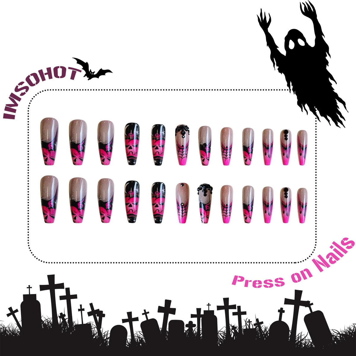 IMSOHOT Halloween Long Coffin Press on Nails, Pink Black with Spider Web & Pumpkin Acrylic Nails, 24PCS