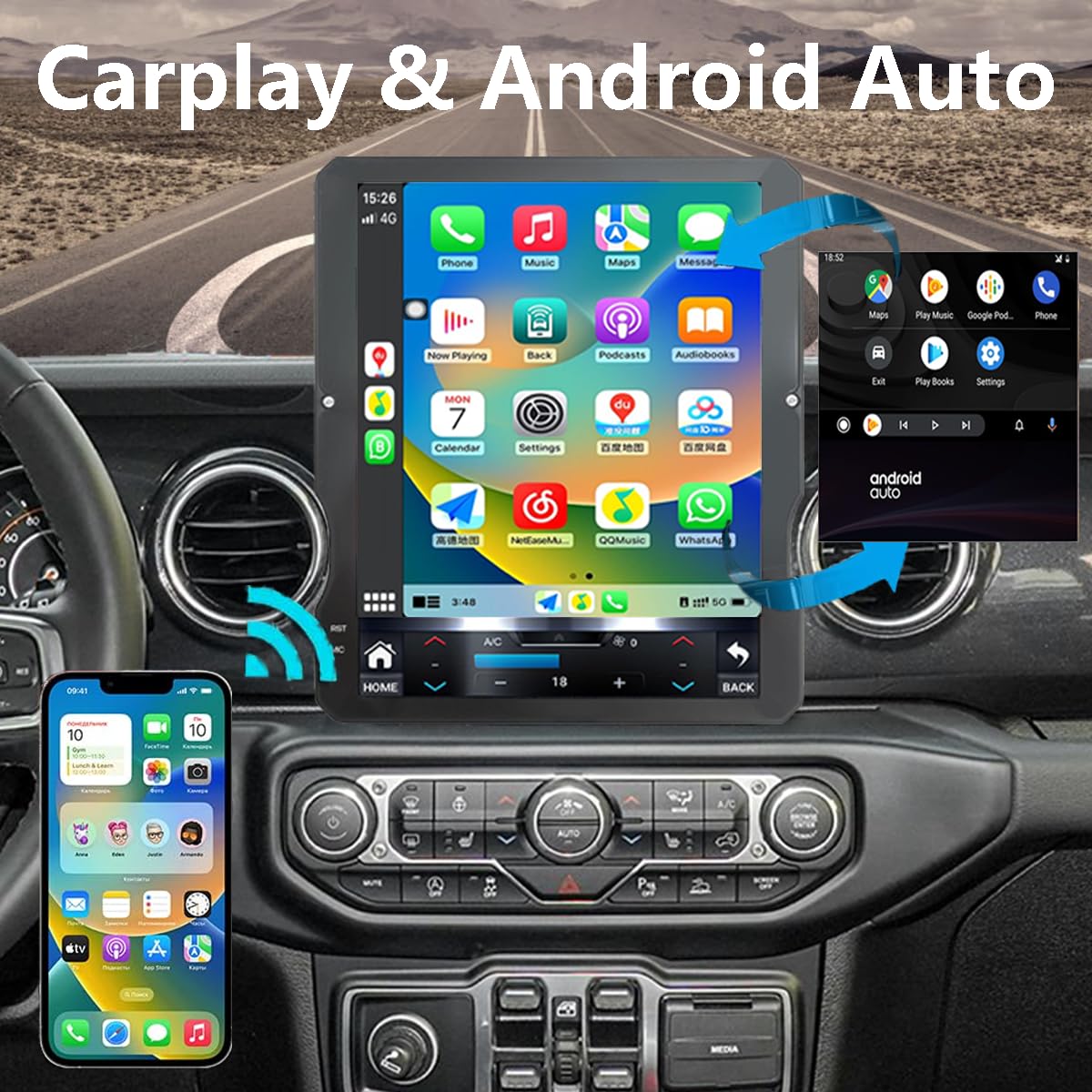 Upgrade Car Radio for Jeep Wrangler Gladiator 2018-2023 Car Radio Android 14 Stereo Replacement 12.1 inch Touch Screen Tesla Vertical Screen Style with Wireless Carplay & Android Auto (4GB+32GB)