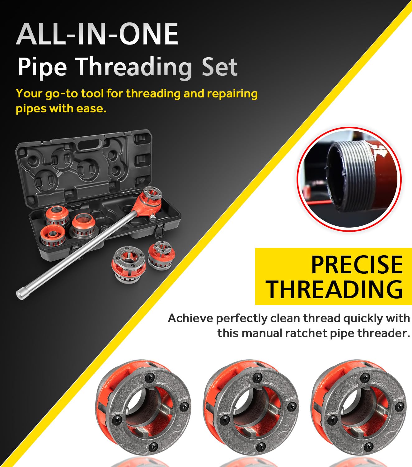 36475 12-R Manual Exposed Ratchet Pipe Threader Kit with 6 Dies, 1/2'' - 2'' NPT Ratcheting Pipe Threading Tool for 1/8" to 2" Plumbing Installation and Repair with Storage Case