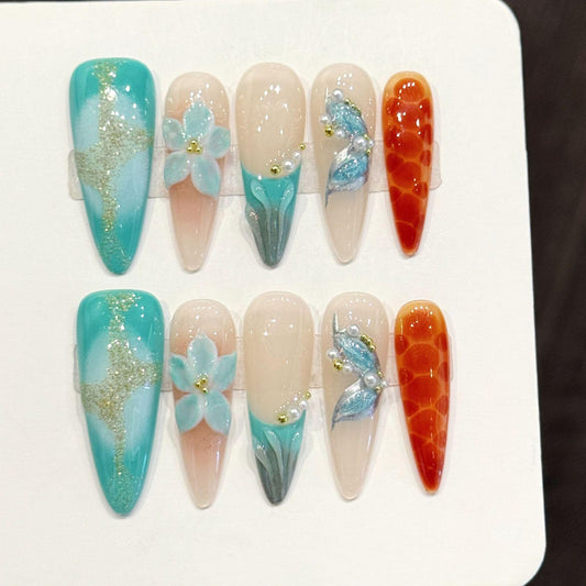 Vokupoga Long Almond Press on Nails Handmade Fake Nails French Stiletto False Nails with 3D Flower Designs Glossy Artificial Nails for Women 10Pcs(Size M)