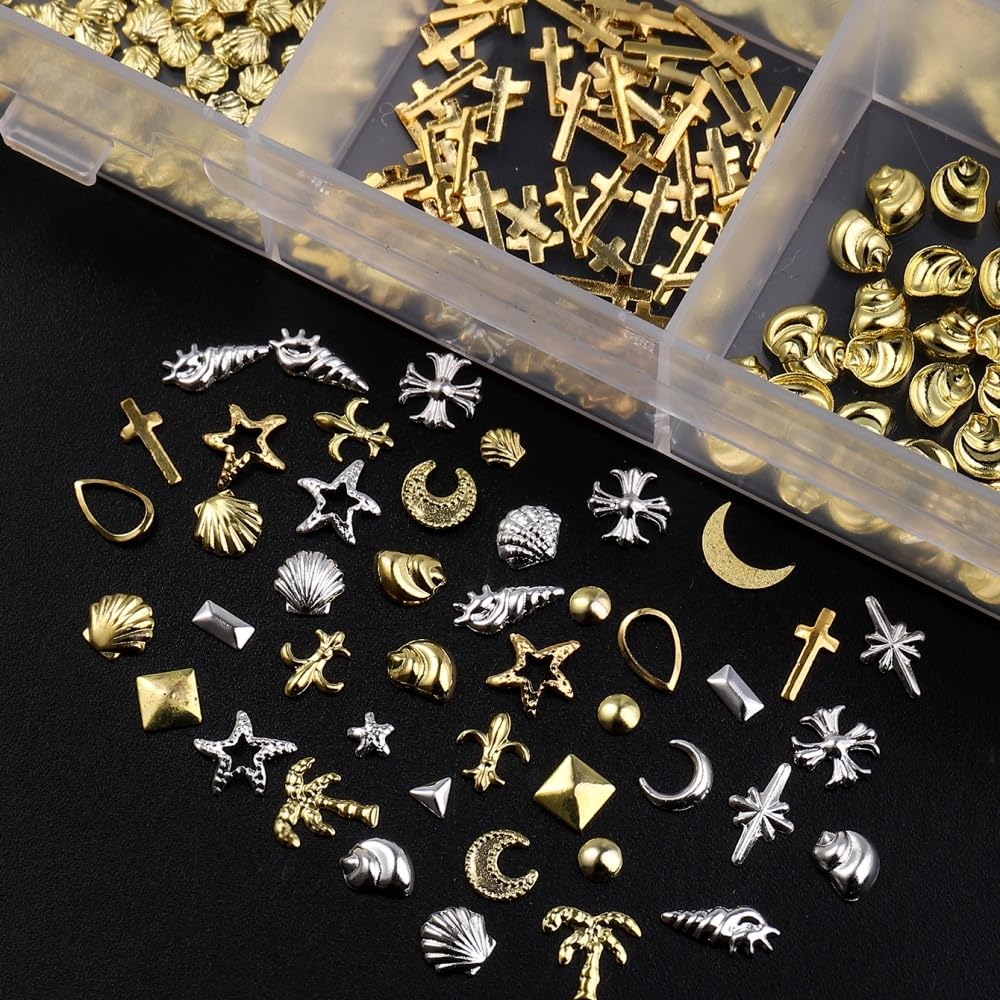 Gold Silver Nail Charms 3D Alloy Flower Nail Gems Metal Moon Star Nail Jewels Multi-Shapes Ocean Beach Starfish Seashell Nail Art Supplies with Tweezer for Women DIY Acrylic Nail 24 Grids 1 Box
