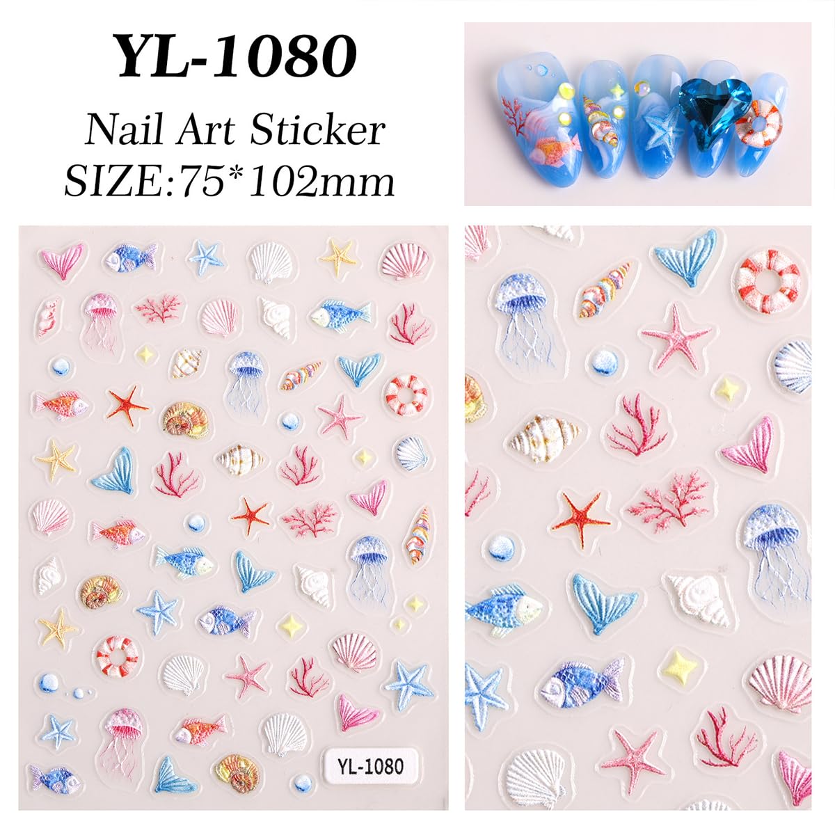 5D Embossed Summer Nail Stickers Jellyfish Seashell Starfish Conches Ocean Nail Decals Engraved Nails Supplies Tropical Beach Self-Adhesive Nail Art Sticker for Women Girls Fingernail Decorations