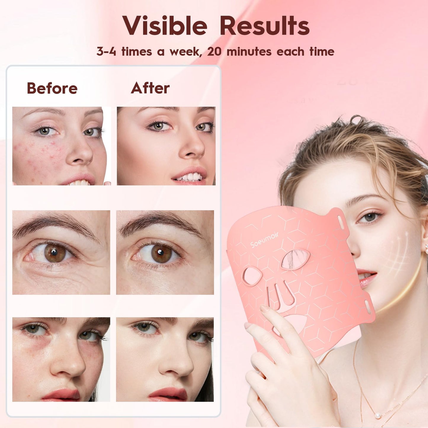Soeumoir Red Light Therapy Mask, 7 Colors LED Face Mask Light Therapy with Rechargeable Controller, 850NM Near-Infrared Red Light Therapy Mask with Timing Function for Home Working Travel Skincare