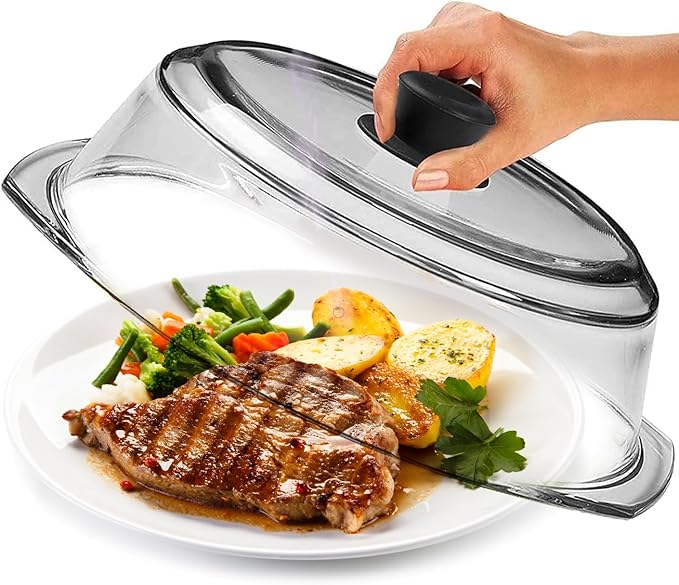 Leâraze Tall Glass Microwave Splatter Cover for Food - Cookware & Bakeware Serving Dish Cover, Plate Guard Lid with Easy Grip Silicone Handle Knob - 100% Food Grade BPA Free & Dishwasher Safe - 10in