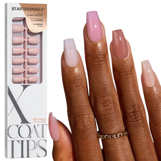 BTArtboxnails XCOATTIPS Bare 5-Shades Nude Press on Nails - 4-Week Wear Short Coffin Press on Nails, Easy to Apply, Soak Off, Salon Quality Value at Home, 16 Sizes - 160 Fake Nails