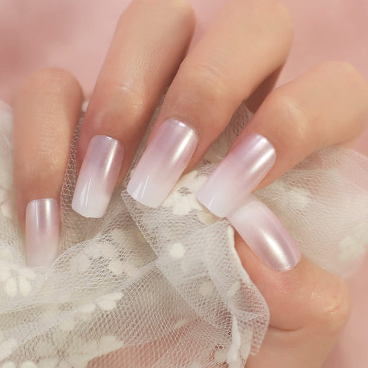 iBeautying Press on Nails - Pearl Pink French False Nails | UV Full Cover Finish Gradient Ombre Reusable Fake Nails in 10 Sizes - 24 Nail Kit with Jelly Glue Pad