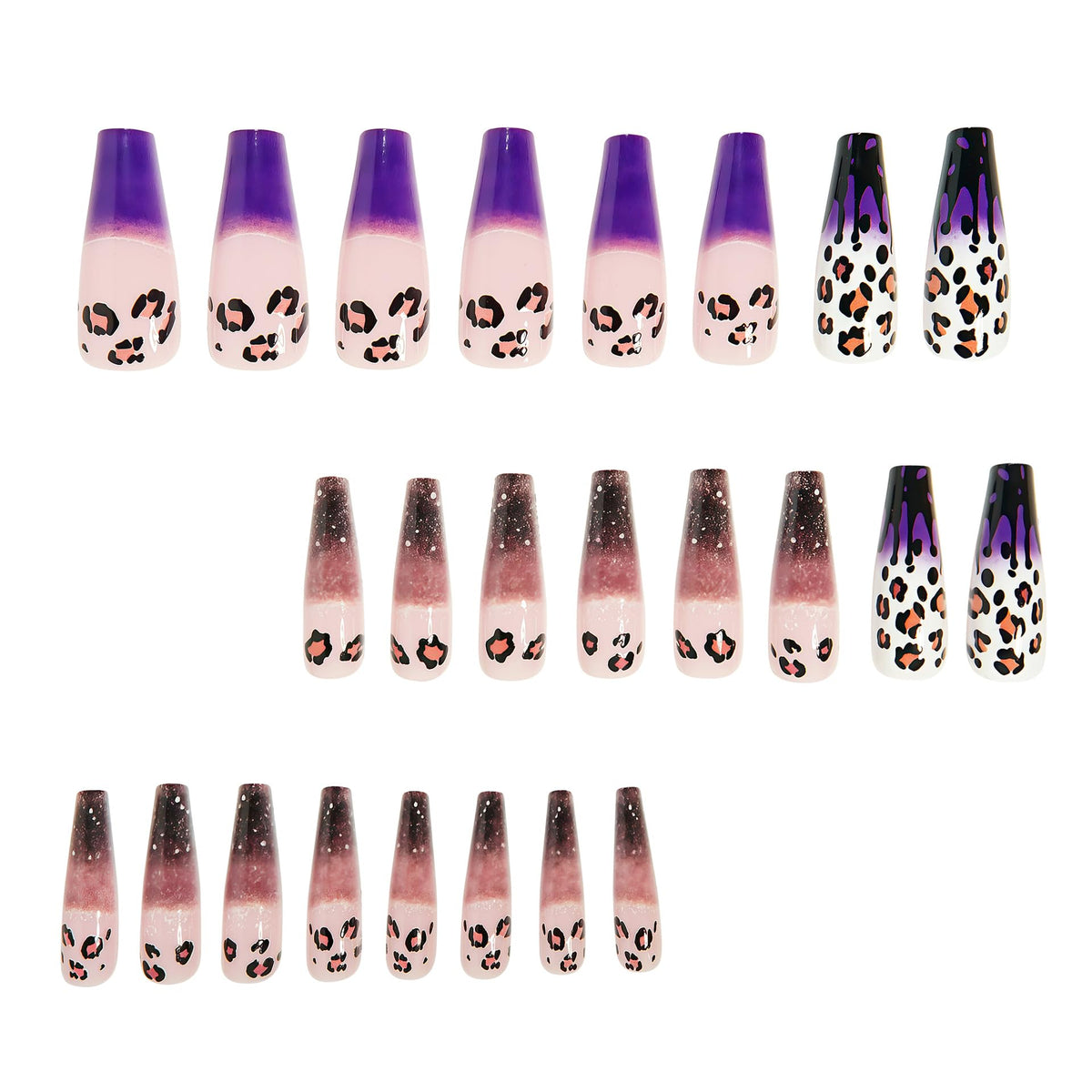 IMSOHOT Leopard Print Press on Nails Long Coffin Fake Nails Purple Gradient Acrylic Glossy False Nails Glitter Ballerina Full Cover Stick on Nails for Women Girls 24Pcs