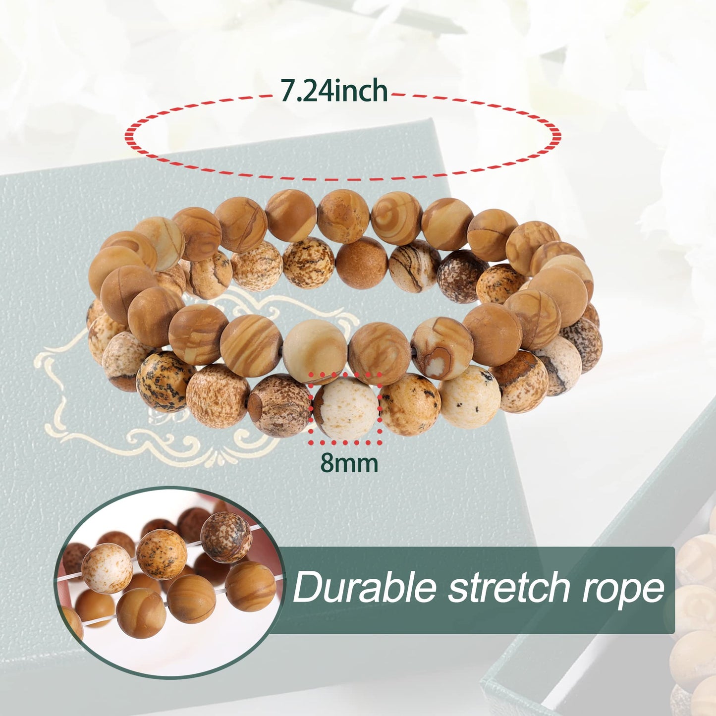 Bivei Natural Gemstone Semi Precious Crystals Handmade Stretchy Round Beads Bracelet, Enhance Positive Energy,Stocking Stuffers for Women(Unakite & Green Agate (Recovery) Medium)