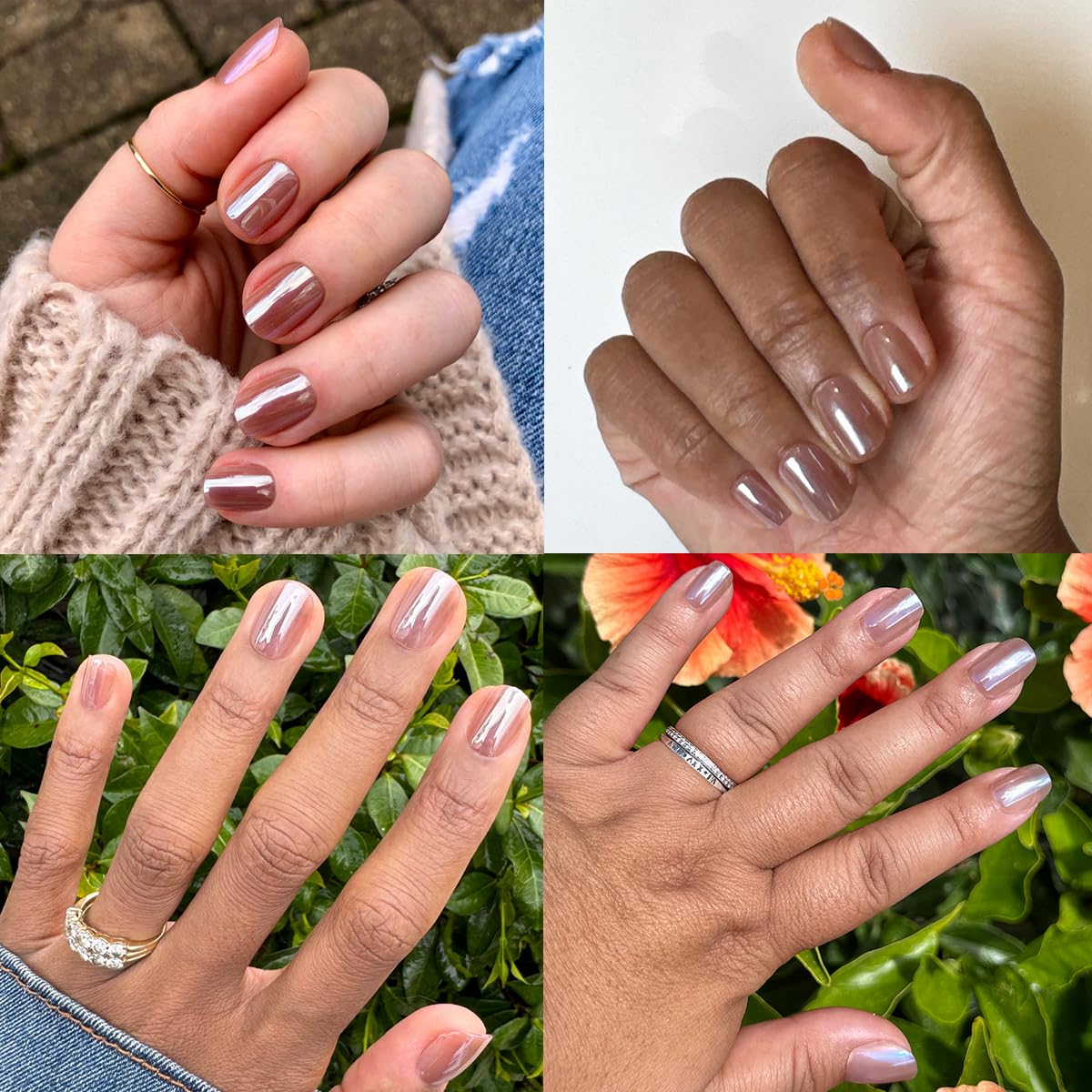 Olive & June Minimalist Instant Mani Press On Nails (Glue) | 42 Fake Nails, 21 Sizes | Non-Toxic, Long-Lasting Barely-There Look | Salon-Quality at Home | Extra Short, Squoval | Taupe Jelly Chrome