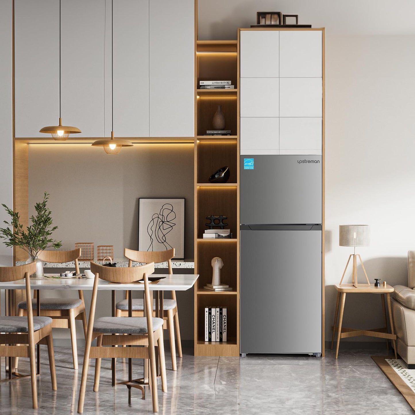 Upstreman 11.6 Cu.Ft. Double Door Refrigerator in Stainless Steel with Large Capacity Top Freezer, Frost Free, Adjustable Thermostat Control, Apartment Refrigerator with Freezer, ENERGY STAR