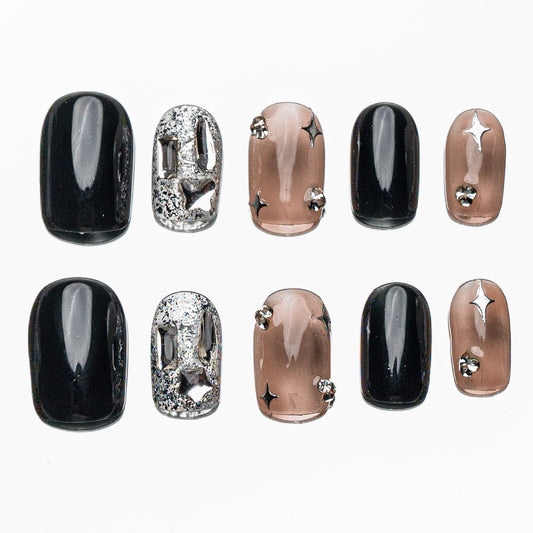 Sun&Beam Nails Handmade Press-on Short Squoval Round Black Silver Brown Rhinestone Star Y2K Design Fashion False Nail Tips 10 Pcs Set (#184 S)