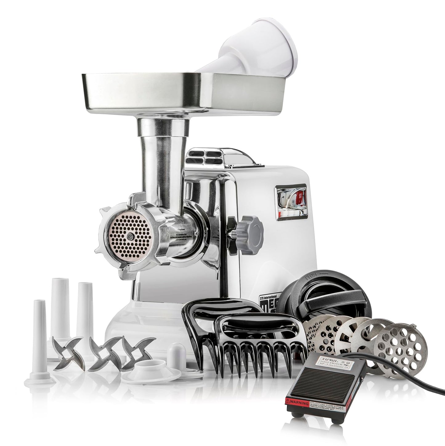 STX International Megaforce 3000 Series 6-in-1 Electric Meat Grinder | 3000W Max | Air Cooled | 3-Speed | Foot Pedal | 5 Grinding Die | Stainless Steel Blades | Sausage Stuffer | Kubbe Maker & More