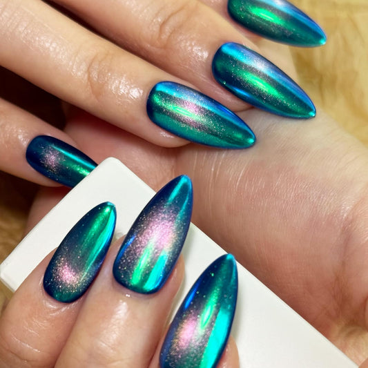 Metallic Punk Green Almond Press on Nail Short,Chrome Magic Mirror Effect Green Silvery Fake Nails, 10Pcs Nail Kit for Women and Girls.