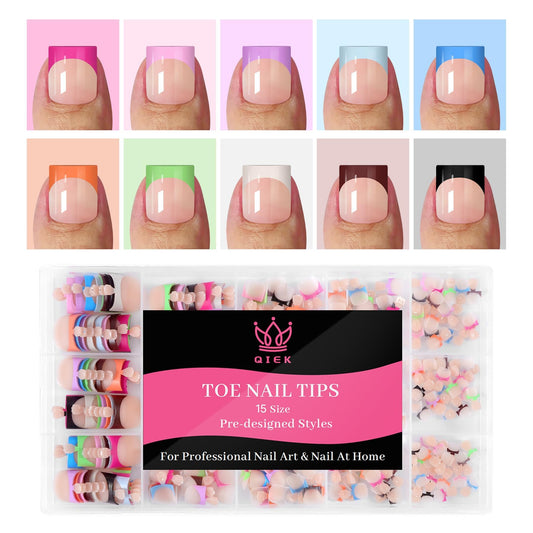 15 Sizes 300 PCS Press on Toenails for Women, 10 Rainbow Colors Fake Toe Nail Sharp Square, Brighter Pastel French False Nails Tip Pre-applied Primer& Base Coat, Need Builder Nail Gel& Top Coat