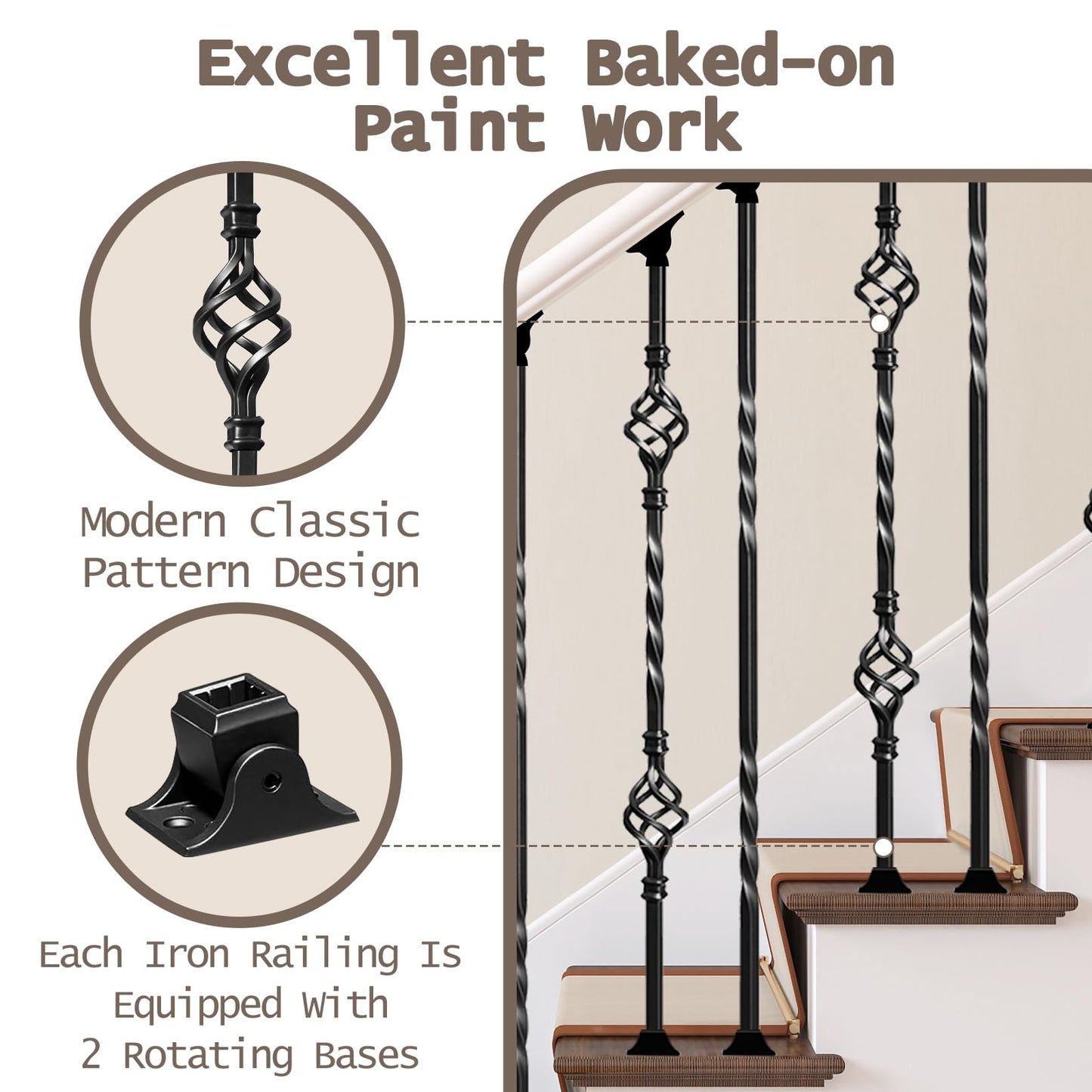 30 Pack Wrought Iron Balusters for Staircase Interior, 1/2" x 44" Hollow Deck Spindles Stair Railing Indoor with 60 Fixed Swivel Shoes, Metal Double Basket Decorative Stair - Matte Black