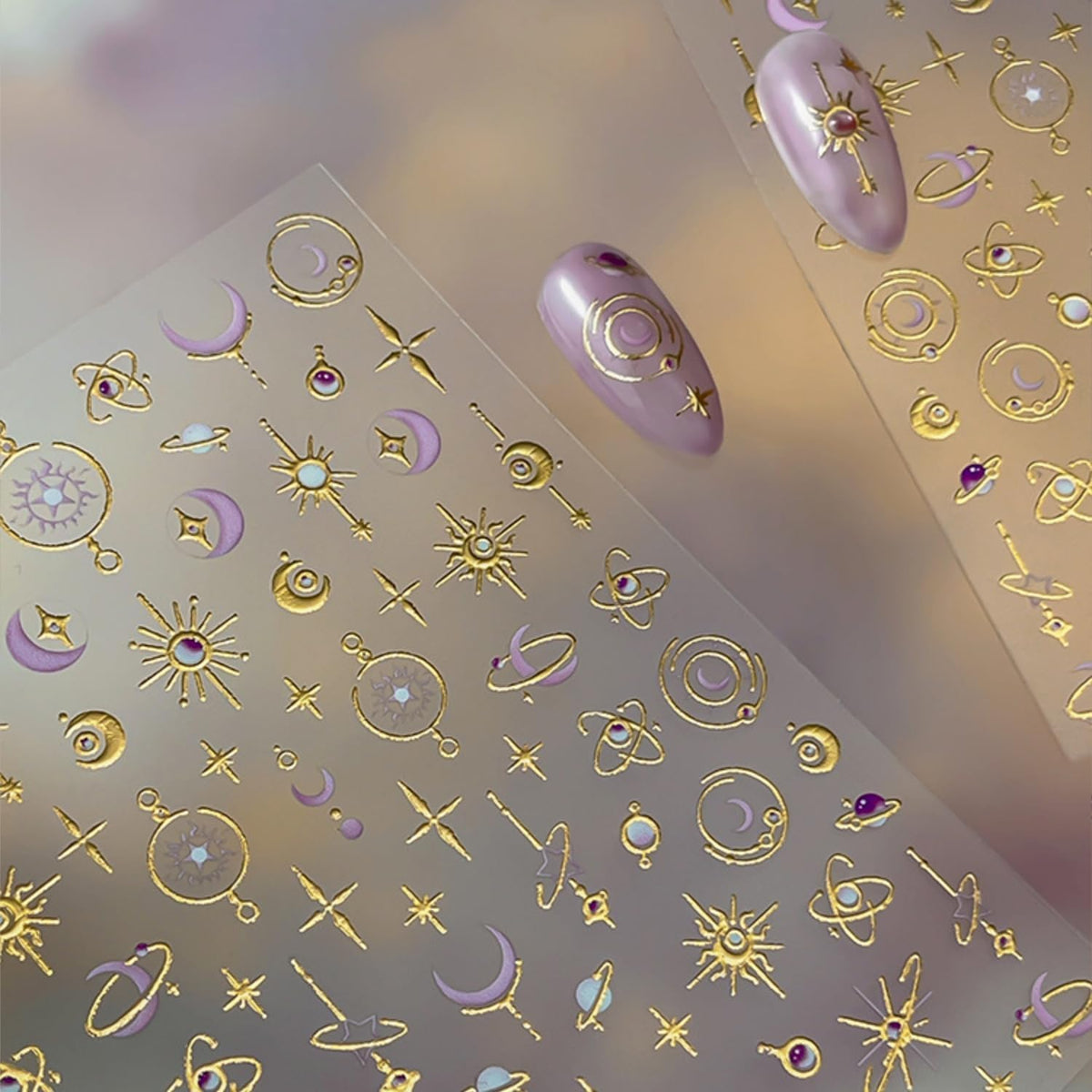 Gold Nail Art Stickers 5D Embossed Moon Star Nail Stickers Self Adhesive Planet Sun Design Metal Nail Decals Luxury Purple Gold Nails Accessories for Women Manicure