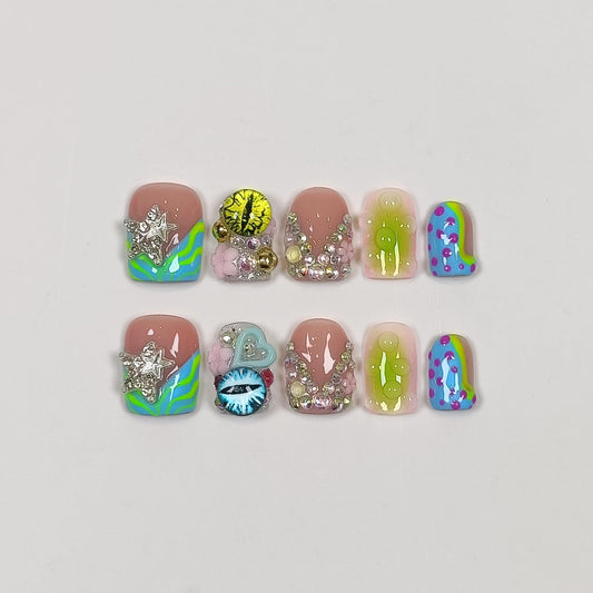 TENPAL V-Shape French Tips Square Nails,Acrylic Press on Nails with 10pcs Kit,Sweet Edgy Y2K Hand-Painted Art False Nails,Neon Yellow-Green Fake Nails with 3D Stars, Hearts, Rhinestones Flowers(S)