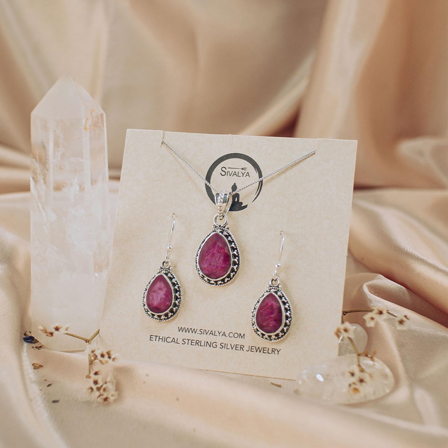 Sivalya AMALFI Raw Ruby Necklace and Earring Set in Solid Silver - Jewelry Set for Women in 925 Sterling Silver - Natural Pear Stones - Raw Ruby Gemstone Jewelry- Gift Packaging Included