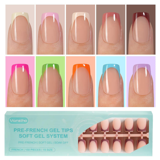 300Pcs French Gel Nail Tips, Vansiho Short Square Nail Tips, Pre-French Tips Press on Nails, Acrylic Fake Nails for Nail Art DIY 15 Sizes