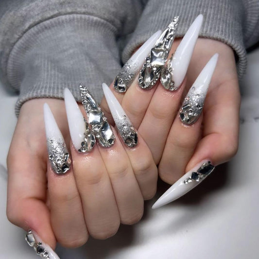 SINHOT Luxury Rhinestone Acrylic Glossy Glue on Nails - White Almond Artificial Stick on False Nails with Design 24 pcs