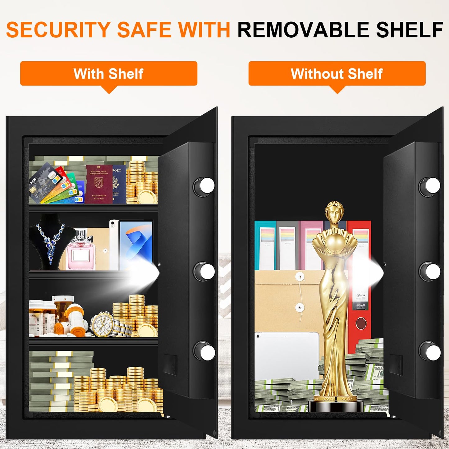 5.2 Cuft Large Fireproof Safe for Home Documents, Safety Box with Spare Keys, Alarm System & Removable Shelves, Home Safe Box Fireproof Waterproof for Money Medicine Jewelry