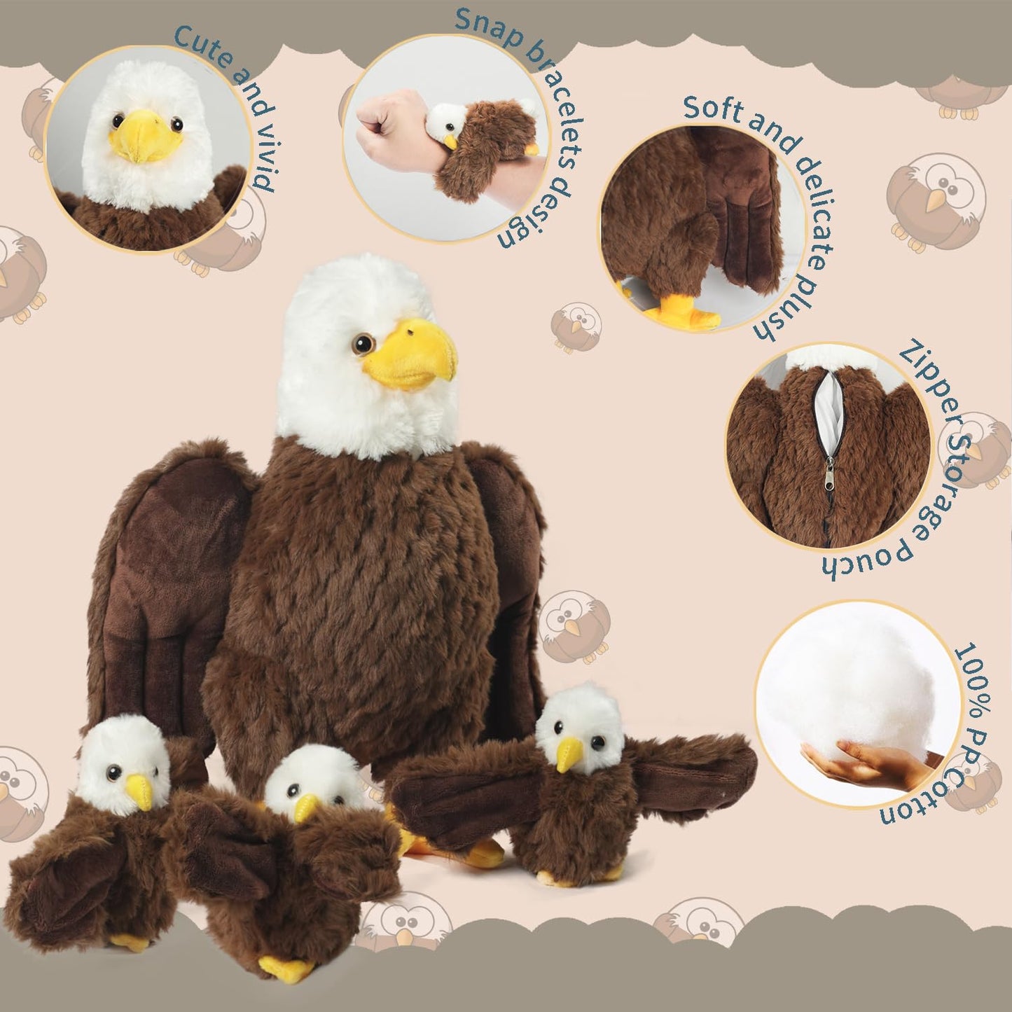 XYHQYB 4 Pcs Bald Eagle Stuffed Animal Plush, Zippered Large Mommy Stuffed Eagle Plush with 3 Baby Bald Eagles Toys, Wild Zoo Animals Gifts for Kids Boys Girls Birthday Easter Stuffers Christmas
