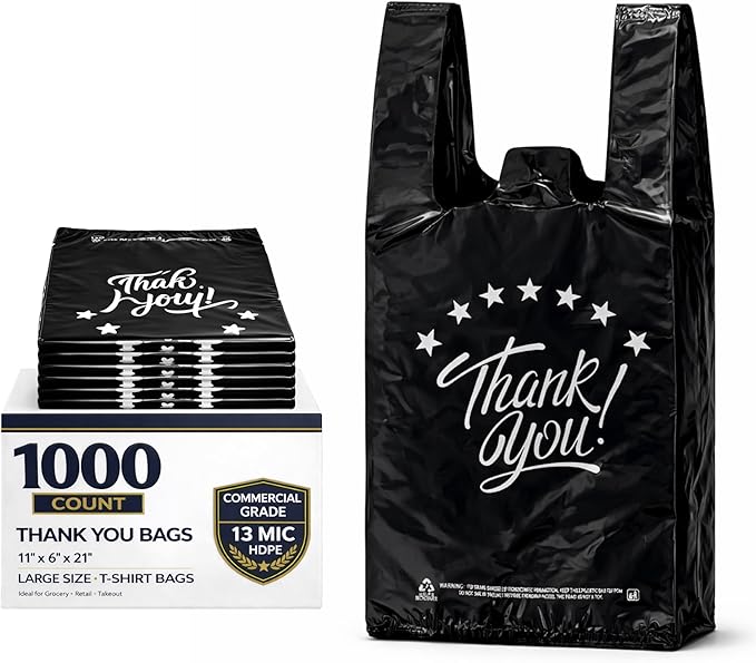 YoYoRain 1000 Count Black âThank Youâ T-Shirt Bags â Reusable & Disposable Grocery & Supermarket Carry Bags, 11"x6"x21"