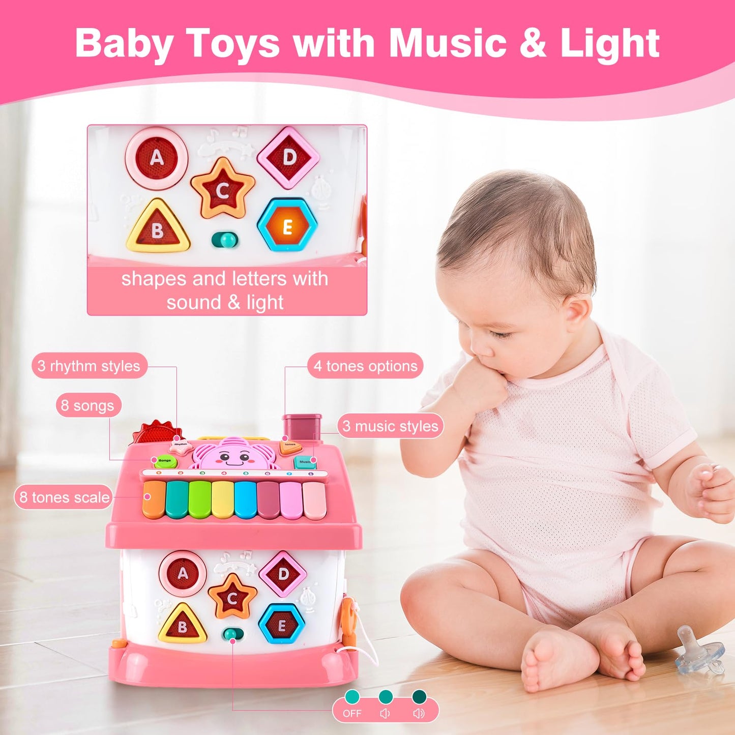 DELUTIQUE Toddler Girl Toys for 1 Year Old, Montessori Toys for 1 Year Old Girl Birthday Gift, 8 in 1 Pink Baby Musical Learning House with Sound Light Music, Creative Gifts for Baby 12 18 Months