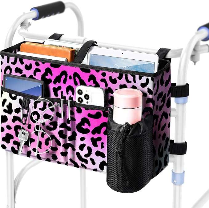 Rhino Valley Walker Bag, Secure Fit Walker Basket with Cup Holder, Large Capacity Walker Accessories for Seniors, Detachable Folding Walker Pouch Organizer for Older Elderly Gifts,Pink Leopard