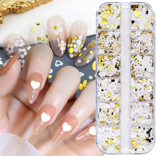 Gold Glitter Sequins, Holographic 3D Love Heart Butterfly Circle Glitter Flakes, Sparkly Gold White Nail Designs Set for DIY Shiny Nails Crafts