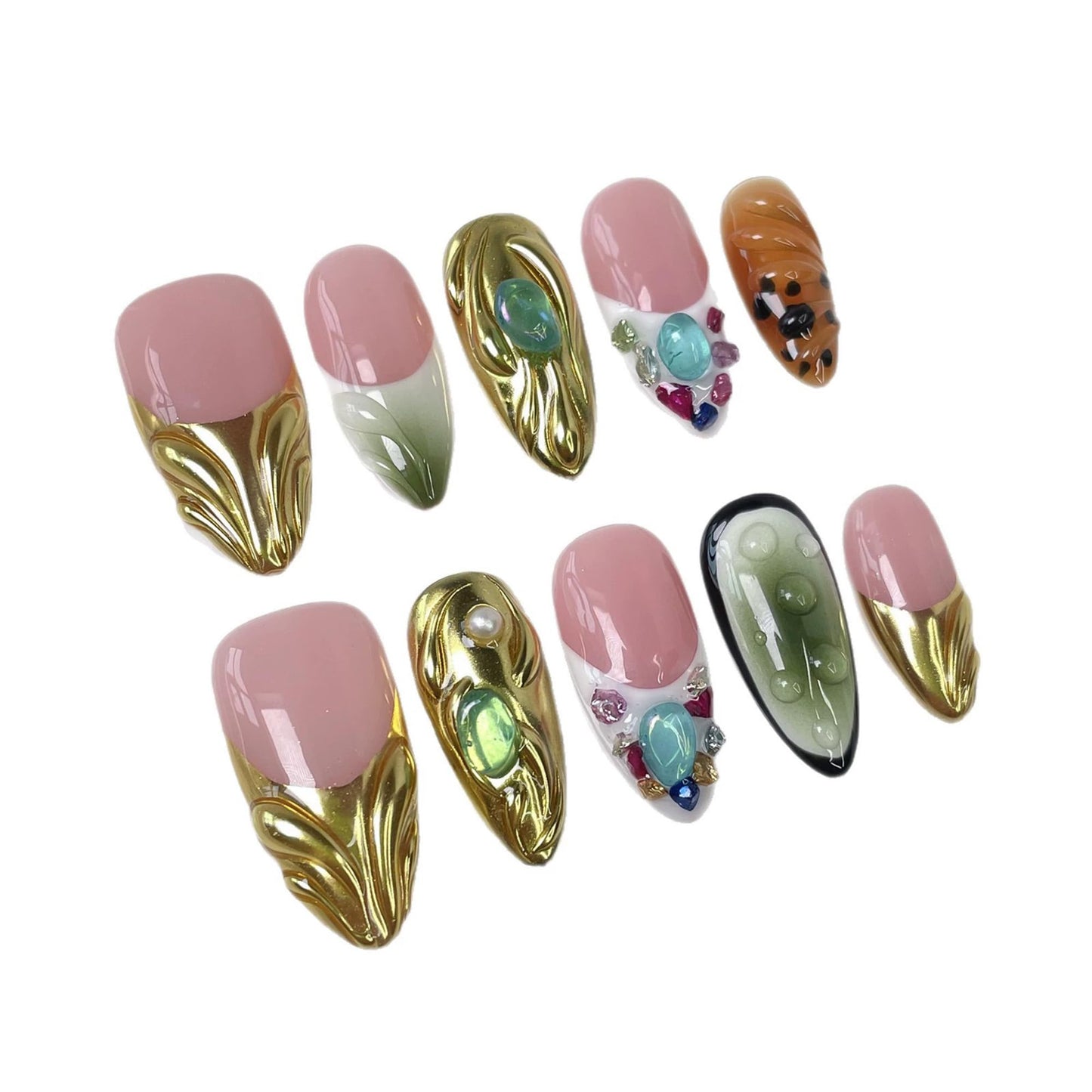 Almond Press on Nails Short Handmade Fake Nails 3D Rhinestones False Nails with Glue Gold Sparkly Reusable ABS Nails Press Ons Luxury Embossed Designs French Tip Stick on Nail for Women (Size M)