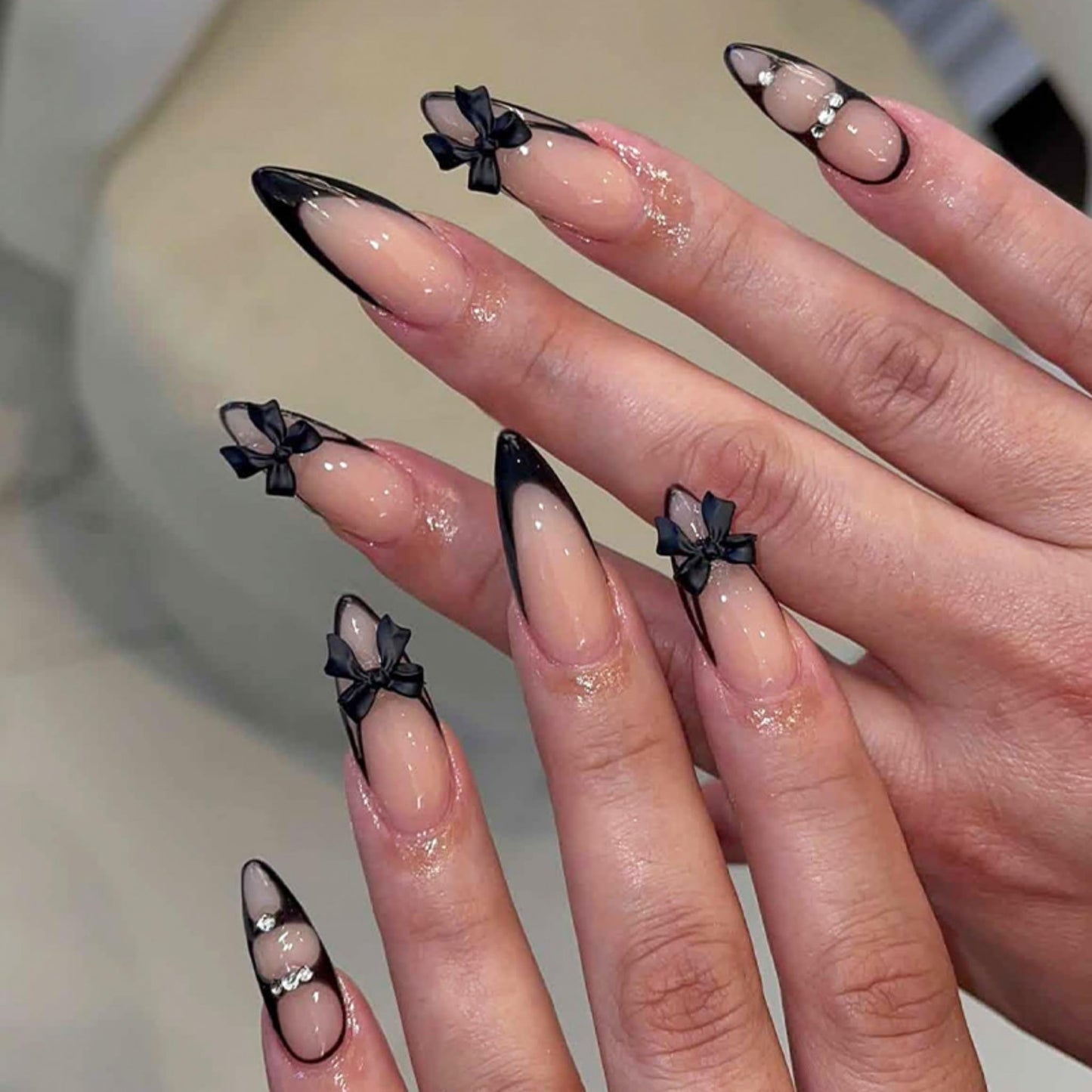 Long Press on Nails Almond Fake Nails Black Acrylic Nail Press ons SEENEEY Bow French Stick on Nail for Women 24pcs