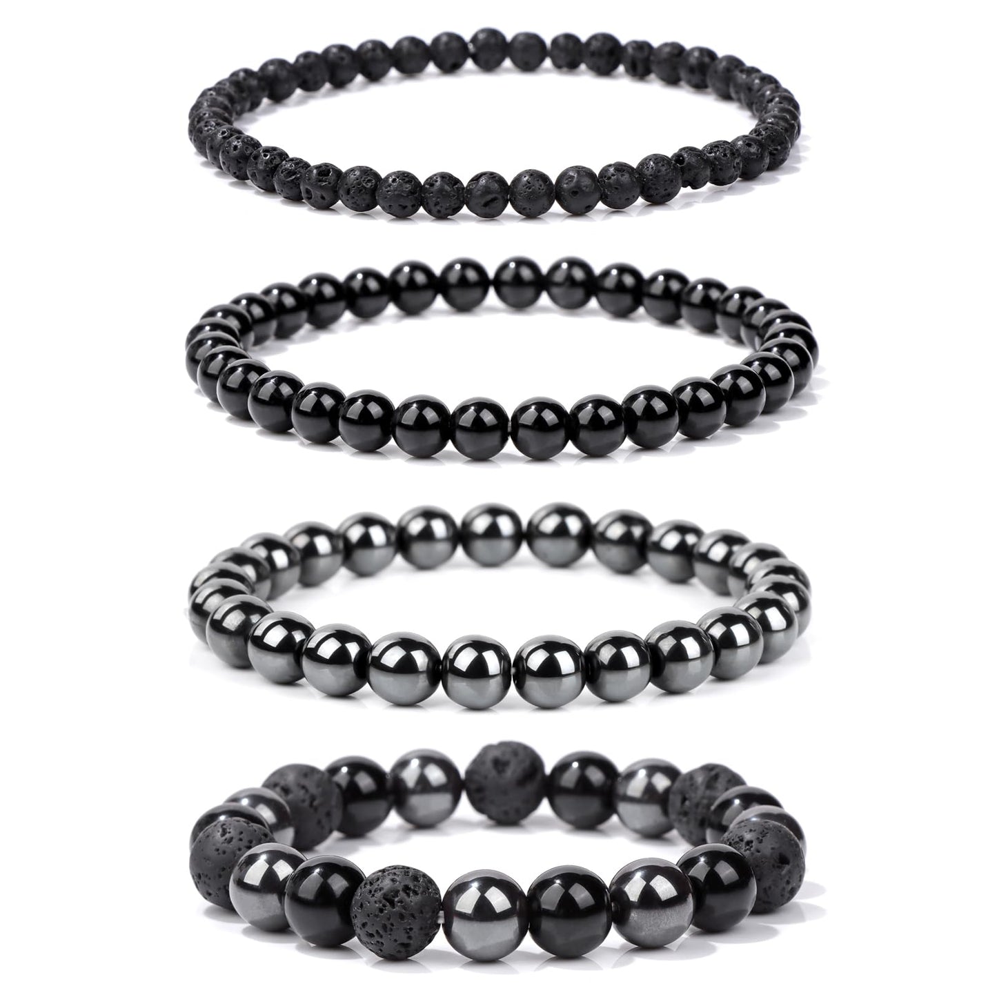 Vinswet 4pcs Natural Stone Beaded Bracelets for Women Men,Healing Crystal Gemstones Stretch Bracelet,4mm 6mm 8mm 10mm Hematite Hematite Lava Rock Anxiety Stress Relief Bracelet Jewelry Gifts