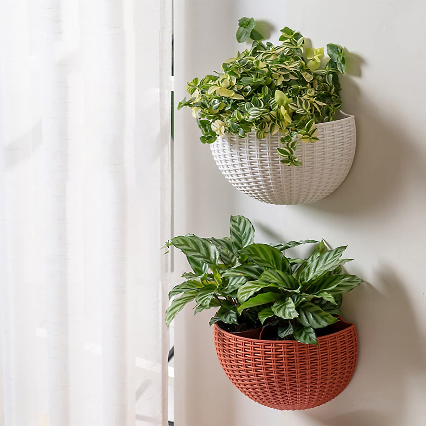 Hanging Planter Pot, Wall and Railing Hanging Planters with S Hooks, Half Round Imitation Rattan European Style Wall Flowerpot Rustic Decorative Flower Basket for Home(#2pcs 26 * 20.5cm Brick red)