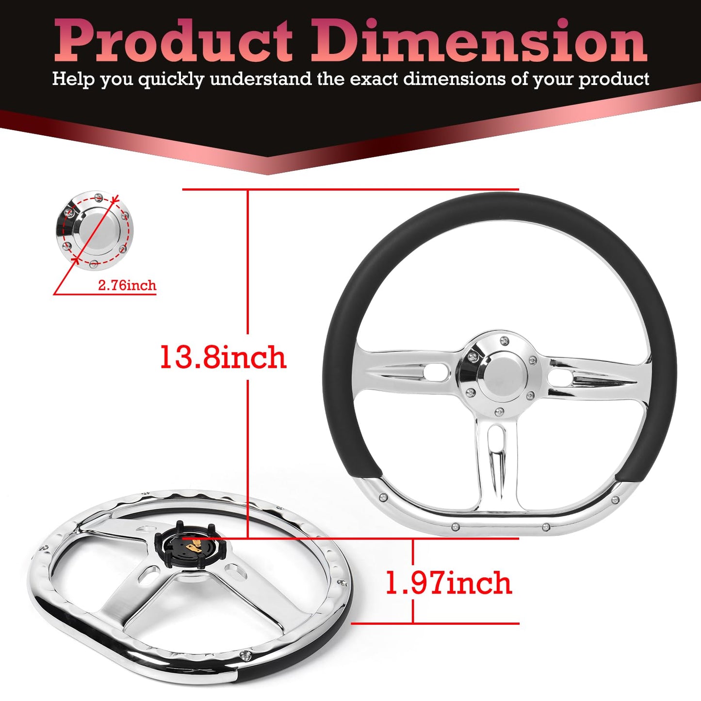 Fanower 14 Inch D Shape Racing Steering Wheel – 350mm Black Microfiber Leather, Chrome-Plated Aluminum Alloy Spokes, 6 Bolt Deep Dish, Fit for Cars, for Racing Car for Classic Car
