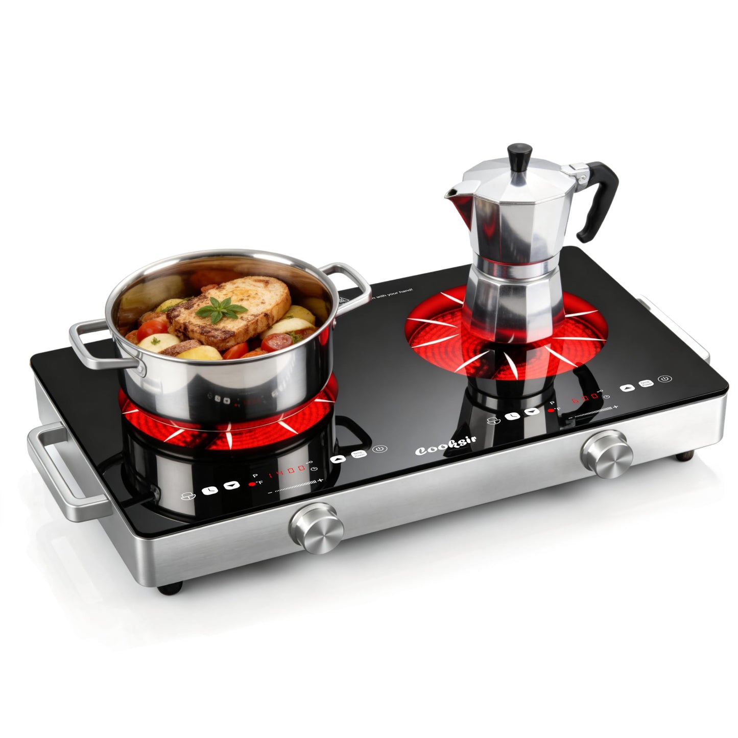Cooksir 2 Burner Electric Cooktop - 24 Inch(22.2"x 13.1") Portable Electric Stove Top 110V, 2000W Countertop Two Burner Stove, Child Lock, Timer, Touch and Knob Control, 110V Plug in