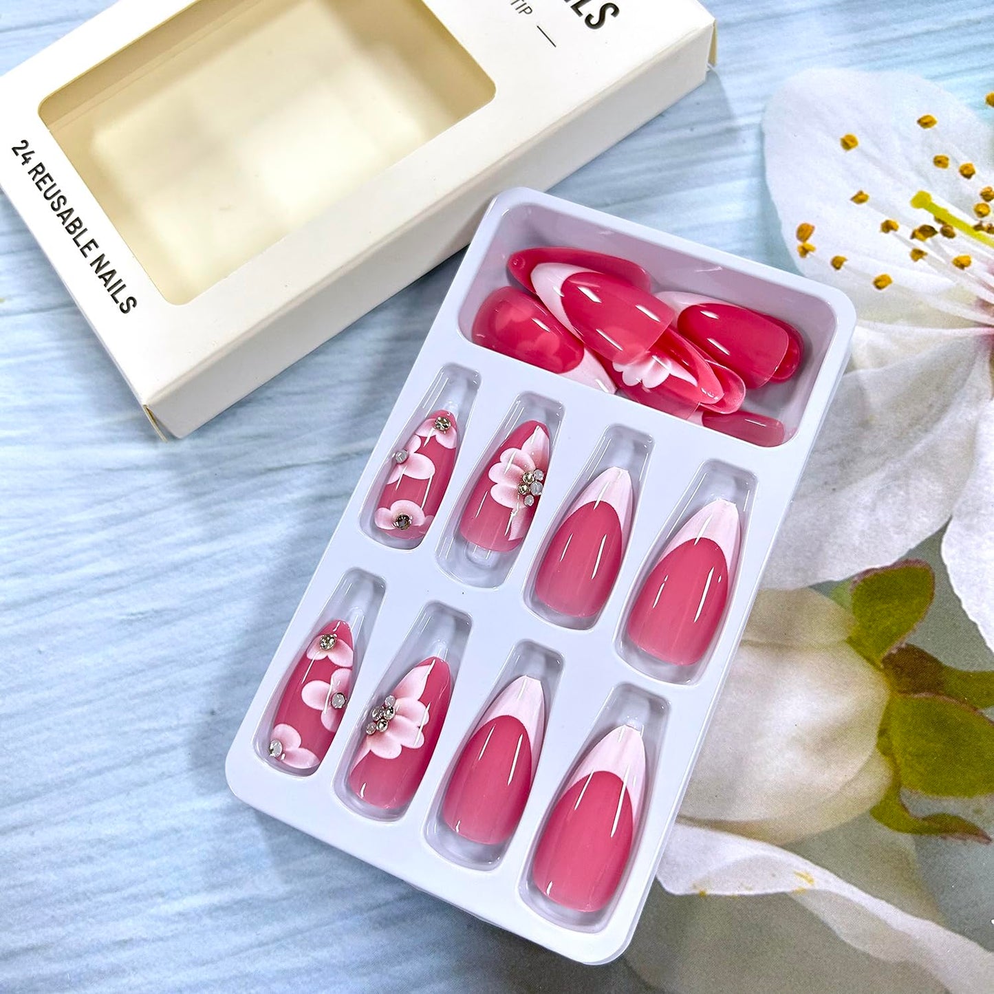 White French Tip Press on Nails - Medium Almond Flower with Rhinestones Design Full Cover Coffin Acrylic Artificial Floral Stick on DIY Glue on Nails for Women - 24 Pcs