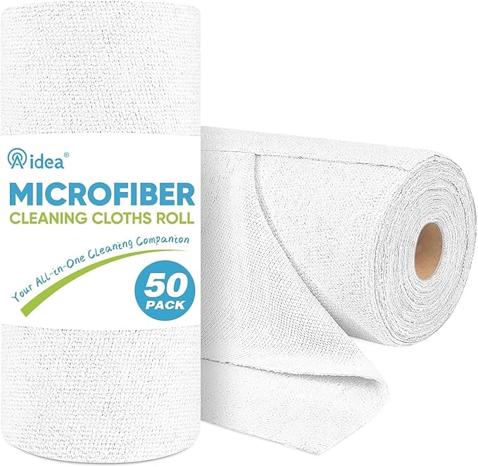 AIDEA Microfiber Cleaning Cloth Roll, White 50PK, Tear Away Reusable Paper Towels, Commercial Shop Rags, Microfiber Towels for Cars, Lint Free Rags for House, Kitchen, Automotive, 11.5"Ã11.5"