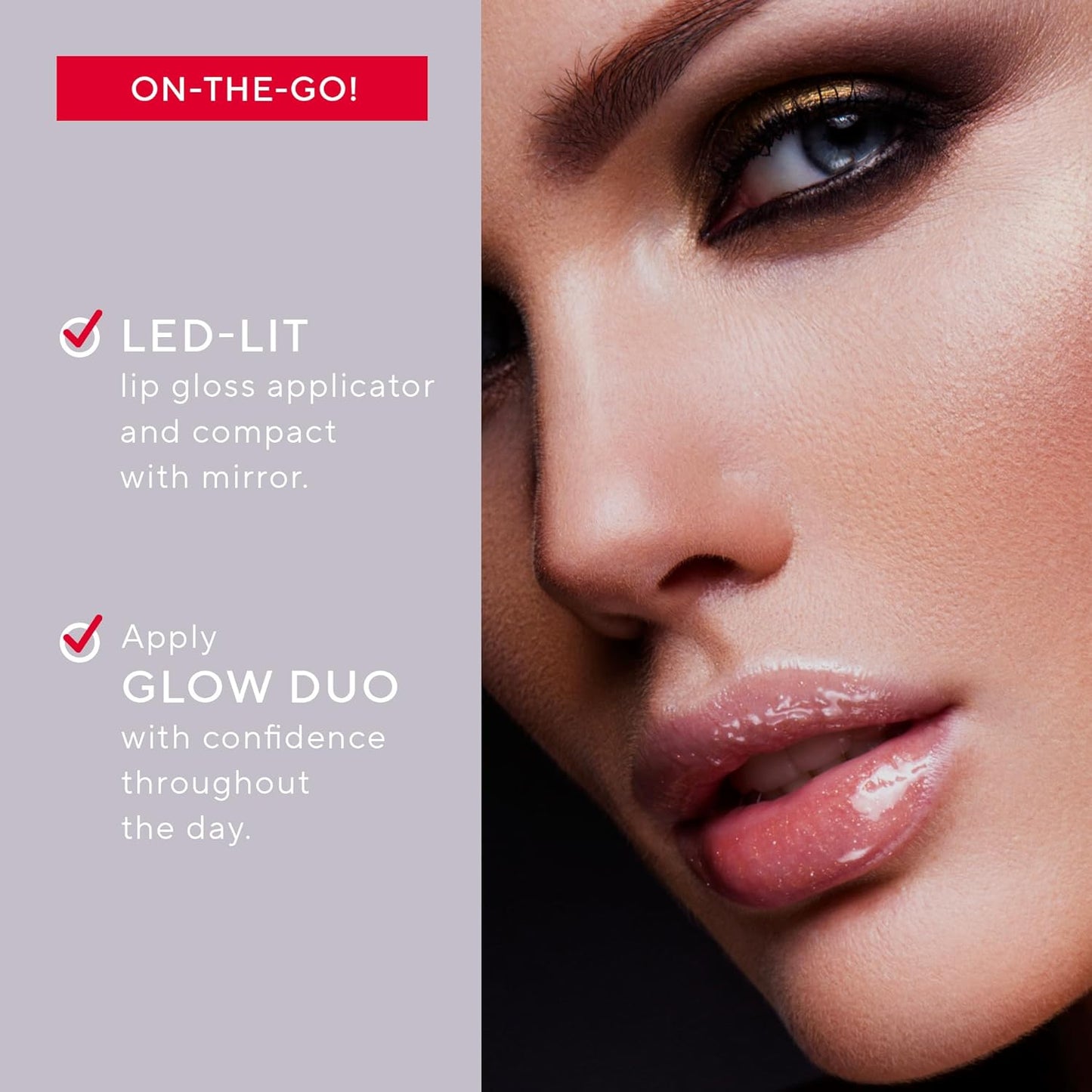 Mirabella Glow Duo, LED Lit Lip Gloss & Hyaluronic Pressed Powder Gift Set - Universal Pressed Powder with LED Light & Mirror - Talc-Free, Paraben & Gluten Free
