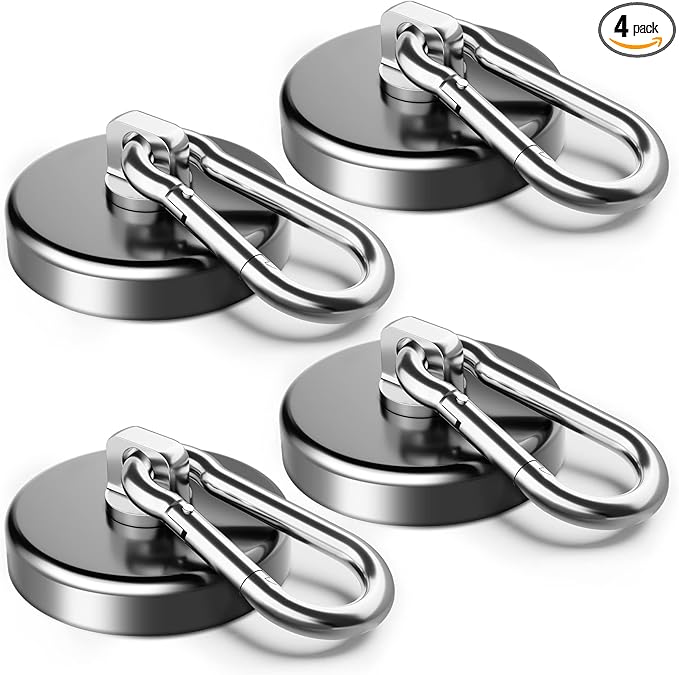 FINDMAG Magnetic Hooks 170LBS Heavy Duty with Carabiner Hook, Strong Magnetic Hooks for Hanging at Home, Office Locker, Workplace, Refrigerator, Cruise Ship or Travel (Black, 4)