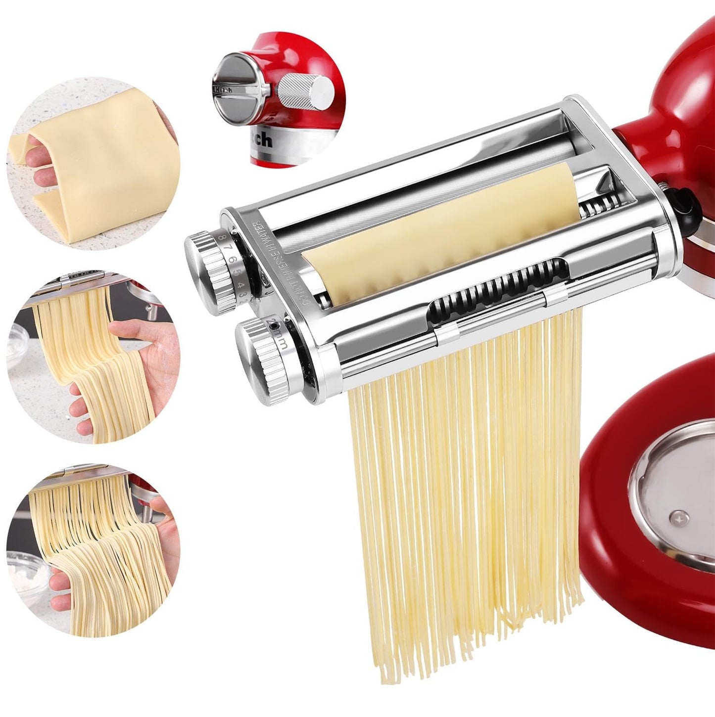 FavorKit Pasta Maker Attachment 3 in 1 Set for KitchenAid Mixers Plus Hub Knob Screw Accessory Included Dough Sheet Roller, Spaghetti & Fettuccine Cutters and Cleaning Brush