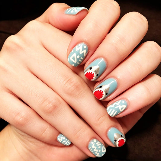 Cute Shark Short Square Press on Nails with Cartoon Design Glossy Blue Fake Nail Tribal Geometric False Nails Summer Glue on Artificial Fingernails Ocean Full Cover Stick on Nail for Women Wear